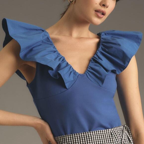 NWT Dolan by Anthropologie Blue Knit Ruffle V Neck Top Size XL Spring‎ Coquette - Picture 1 of 8